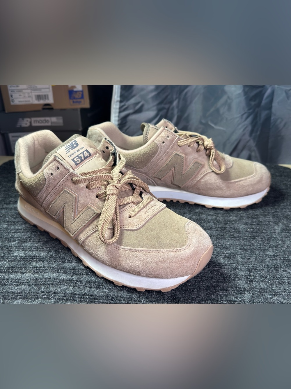 New Balance 574 ‘Flat Taupe’ Size Women 11 /Men 9.5 Brown Suede Unisex Sneakers - Picture 3 of 10